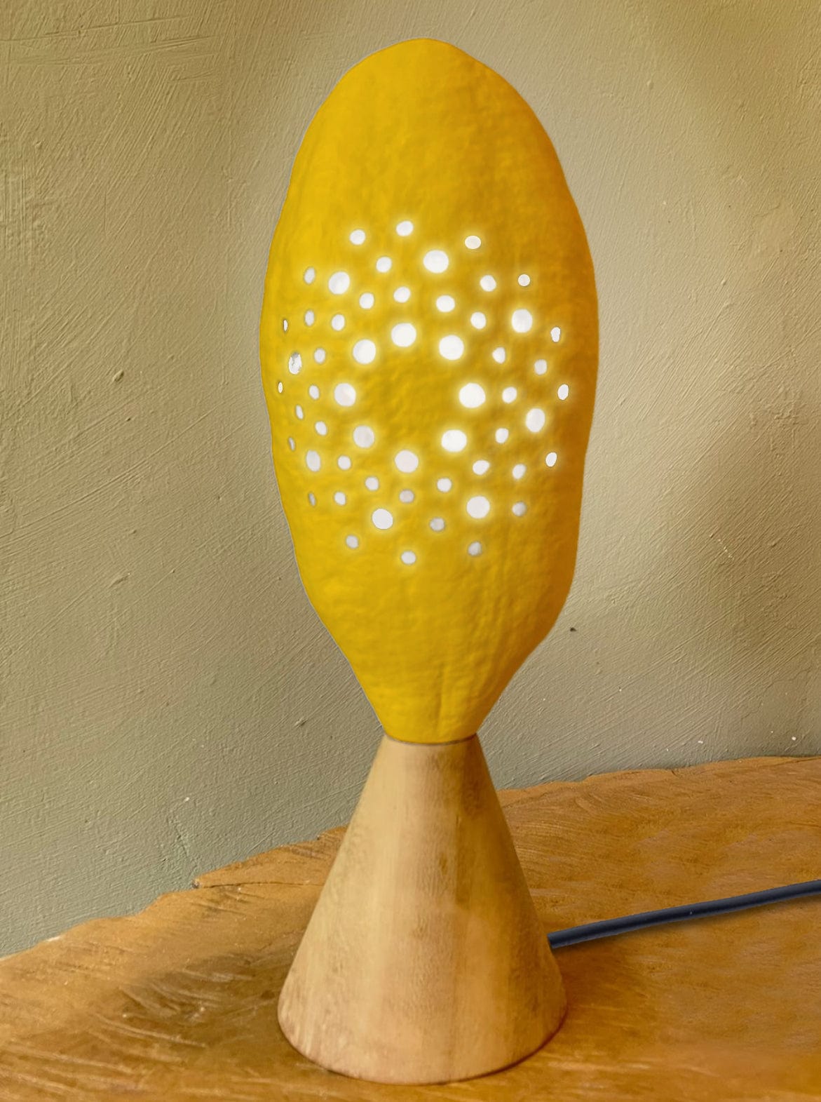 Handcrafted Jaggery Table Lamp - Eco-Friendly Baobab Fruit Shell with Soft Ambient Light, Unique Design Inspired by Traditional Sugar Cones, Perfect for Reading & Relaxation - Recycled Wood Base - LED/Energy Saver Bulbs (5W Max)