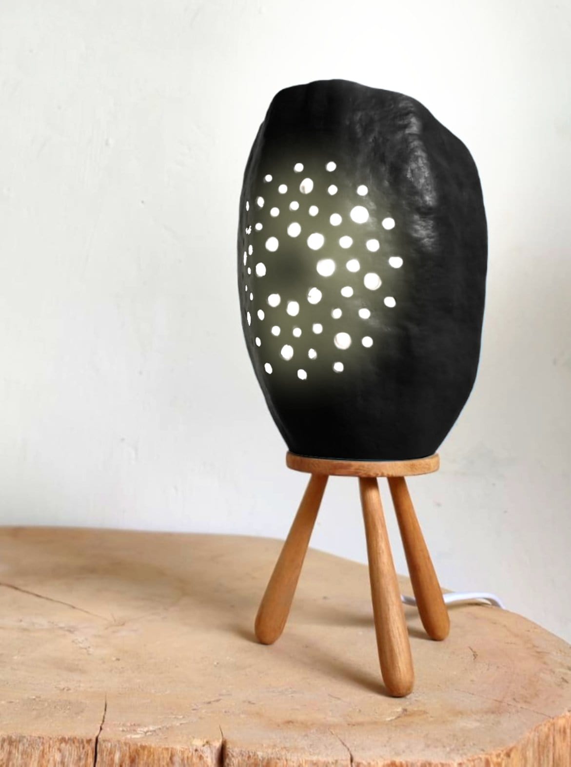 Handcrafted Baobab Tripod Table Lamp - Eco-Friendly Fruit Shell with Soft Ambient Light, Unique Design, Perfect for Reading & Relaxation - Recycled Wood Stand - LED/Energy Saver Bulbs (5W Max)